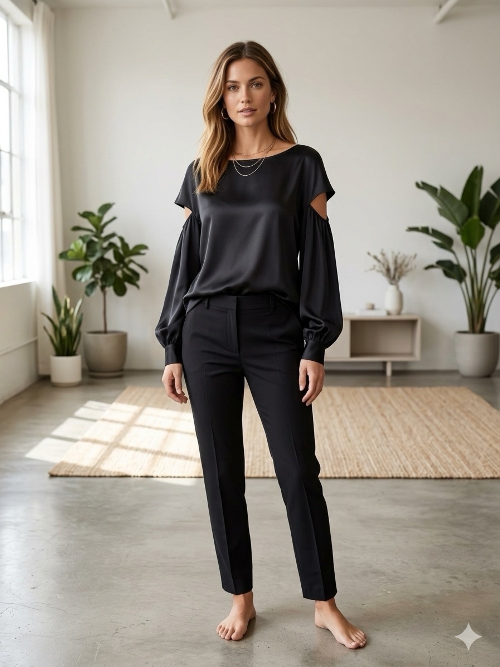 Milly Black Satin Cutout Sleeve Blouse
